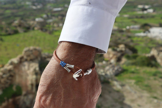 Handmade Men's Bracelet with Leather and Anchor-Syros