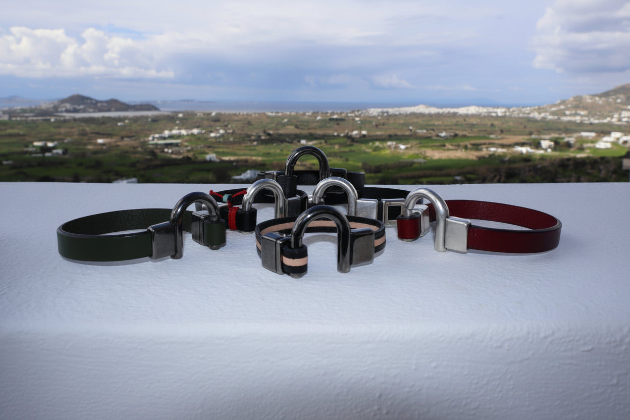 Hand-made leather men's leather bracelets made in the Greek islands.