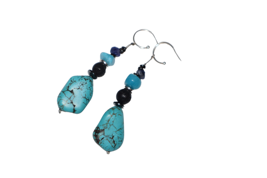 Hand-made Dangle Earrings with Assorted Natural Semi-Precious Stones – Tibet