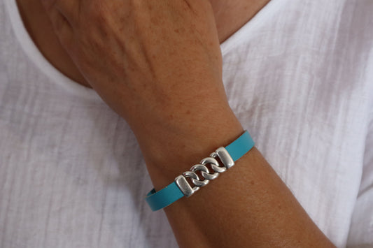 Hand-made Unisex Bracelet Soft Leather & Silver Plated Elements -Cyclades