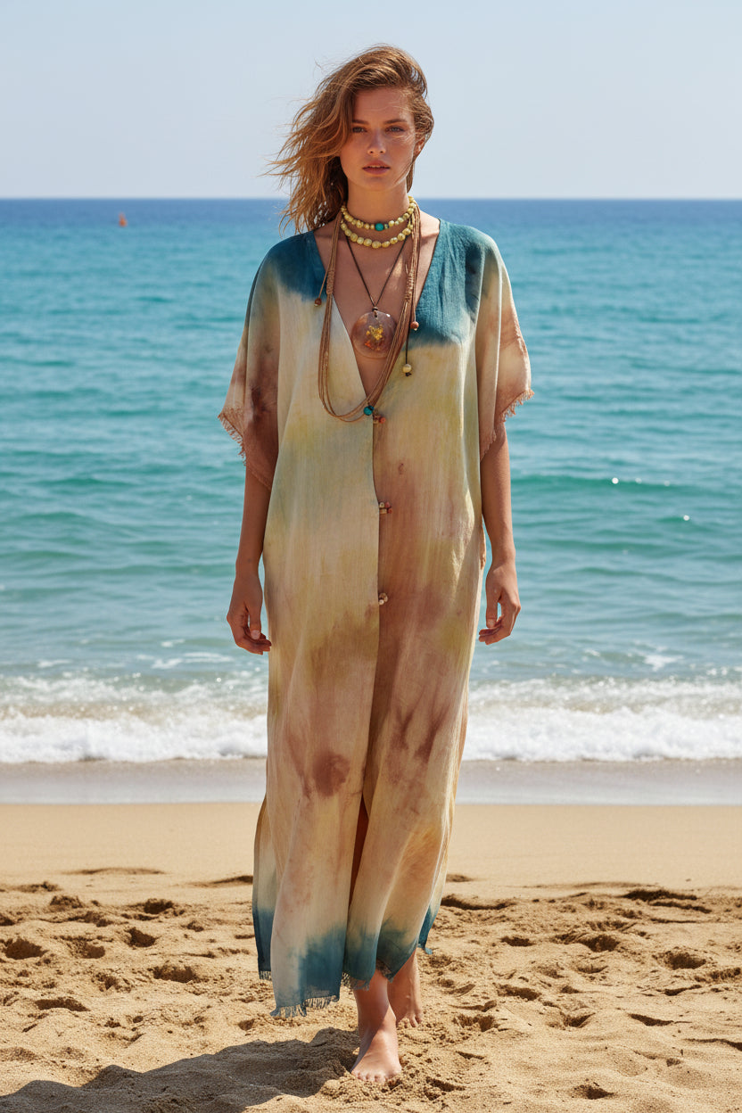 Χειροποίητο Λινό Καφτάνι Shibori Ανθεία Mousses Greek ArtHandmade Linen Kaftan Shibori Antheia Mousses Greek Art