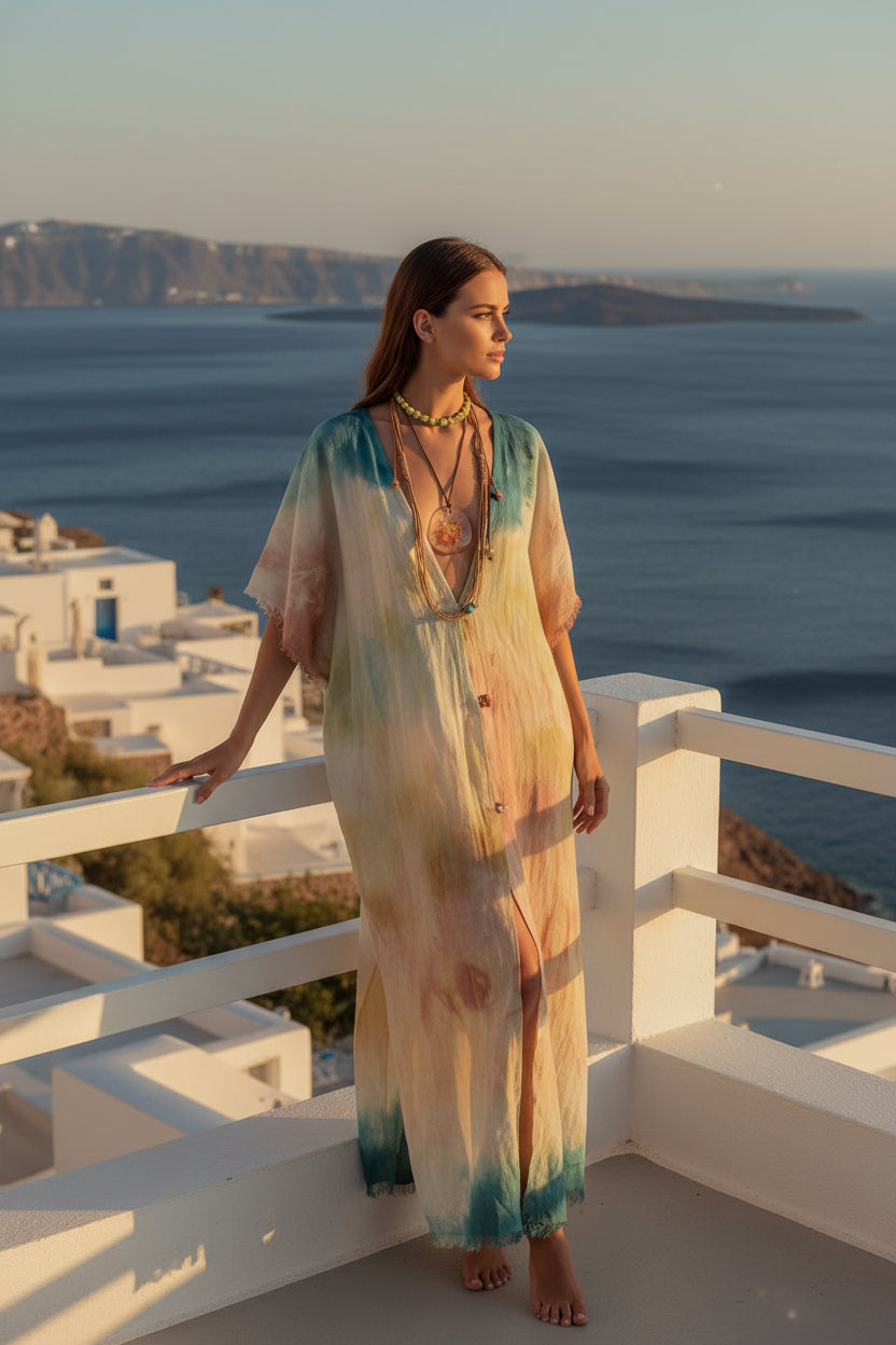 Χειροποίητο Λινό Καφτάνι Shibori Ανθεία Mousses Greek ArtHandmade Linen Kaftan Shibori Antheia Mousses Greek Art