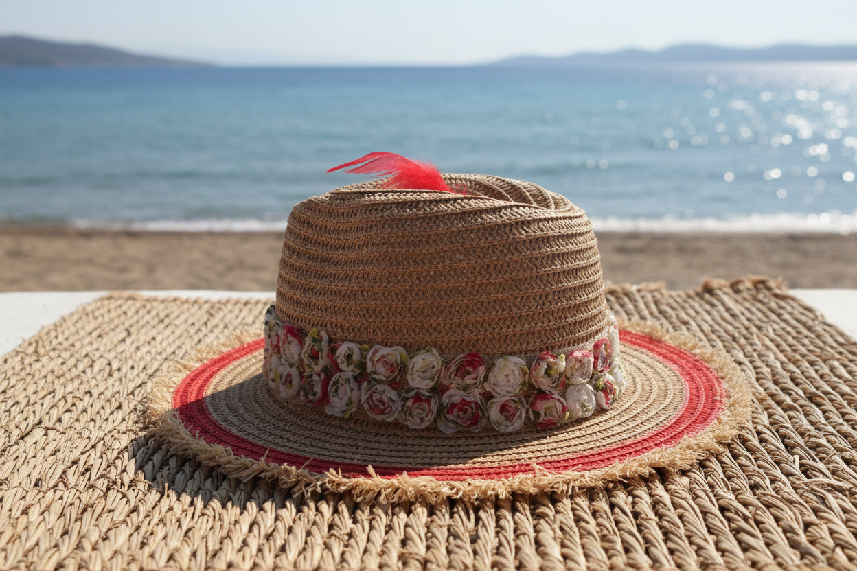 Χειροποίητο Ψάθινο Καπέλο με Ζωγραφική και Λουλούδια Primavera