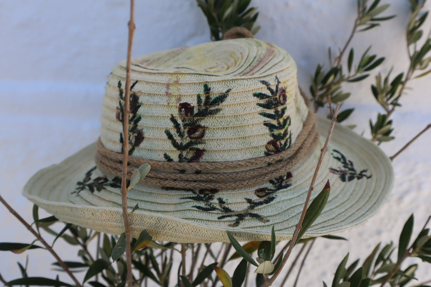 Χειροποίητο Ψάθινο Καπέλο με Ζωγραφική Ελιά