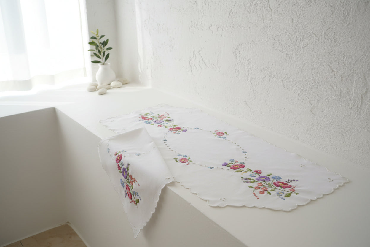 Ένα και μοναδικό (OOAK) χειροποίητο καρέ 65x65 Άνοιξη με πολύχρωμα λουλούδια και χειροποίητη φεστόνη σε άθικτη κατάσταση από τη συλλογή Mousses Greek Art.
