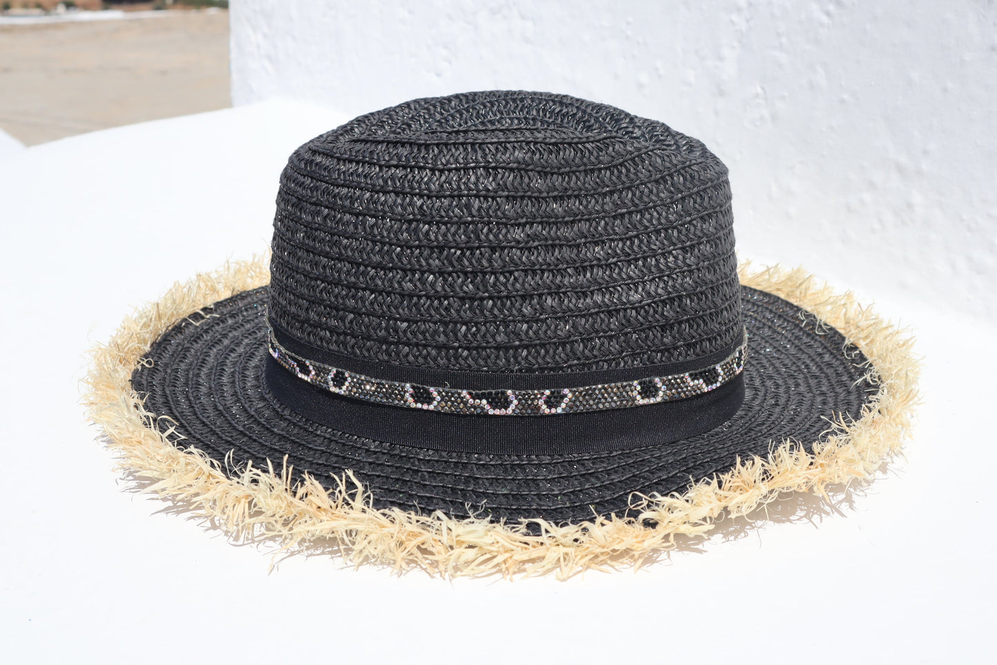 Hand-made Straw Hat with Crystals – Black