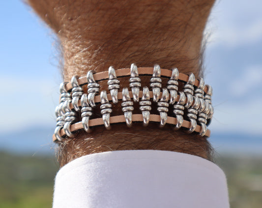 Χειροποίητο Ανδρικό Βραχιόλι Harley Sand με Δέρμα και Ασήμι