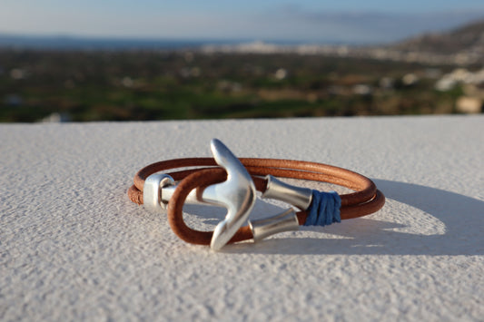 Handmade Men's Bracelet with Leather and Anchor-Syros