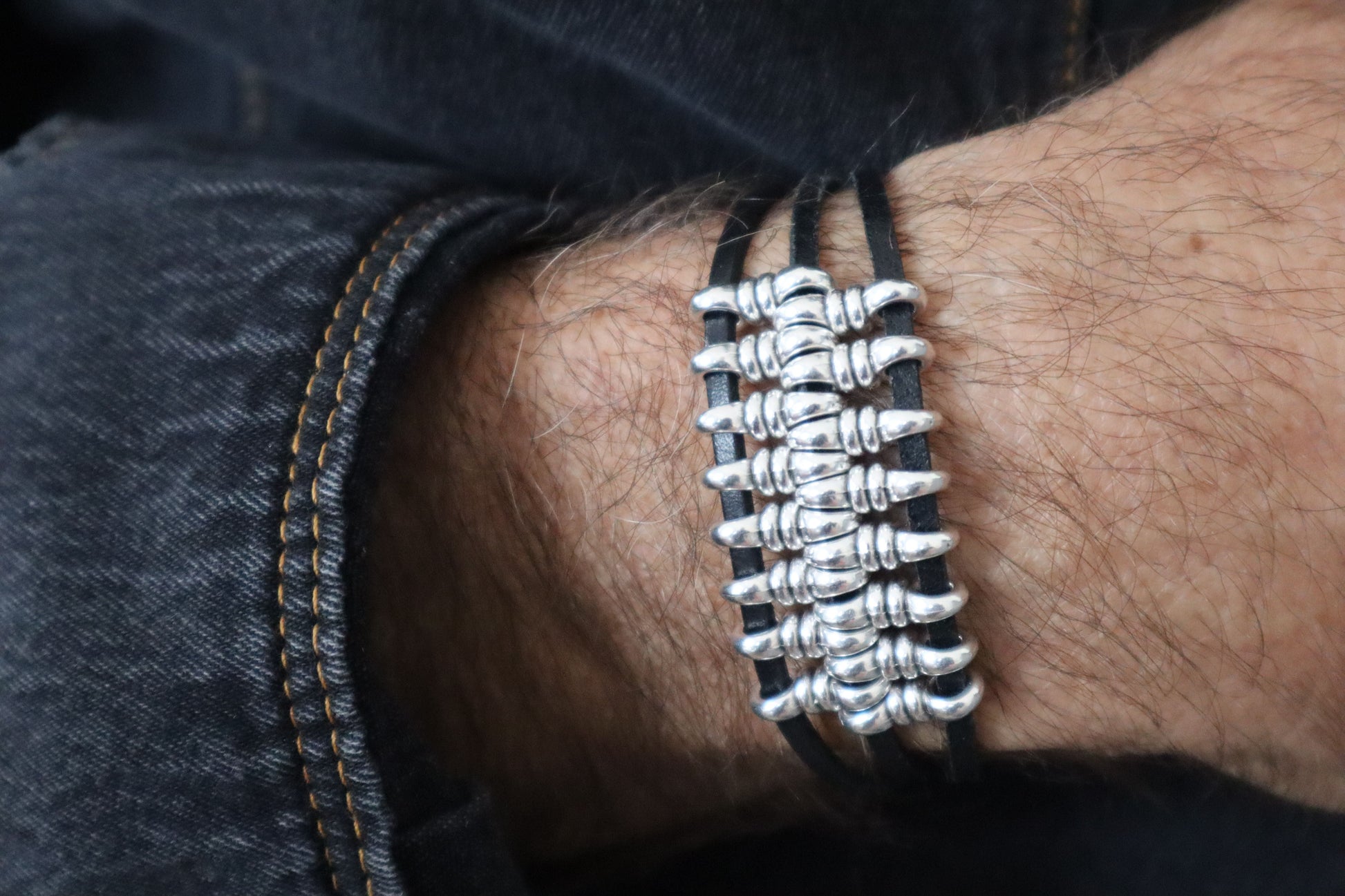Hand-made Men's Leather Bracelet Harley Black at Mousses Greek Art.