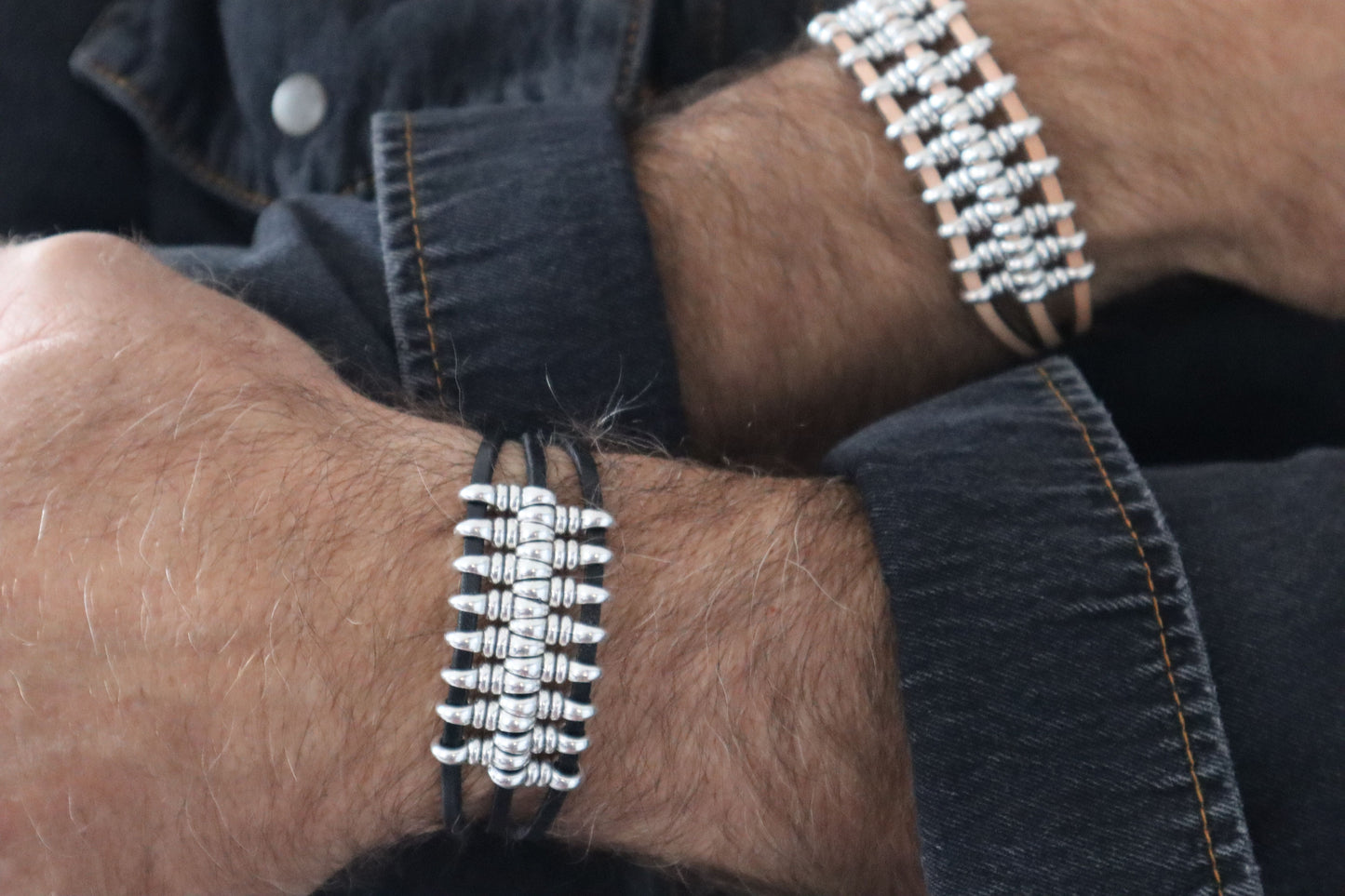 Bracciale Harley Sand da uomo fatto a mano con pelle e argento