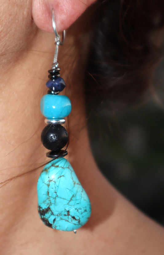 Hand-made Dangle Earrings with Assorted Natural Semi-Precious Stones – Tibet 