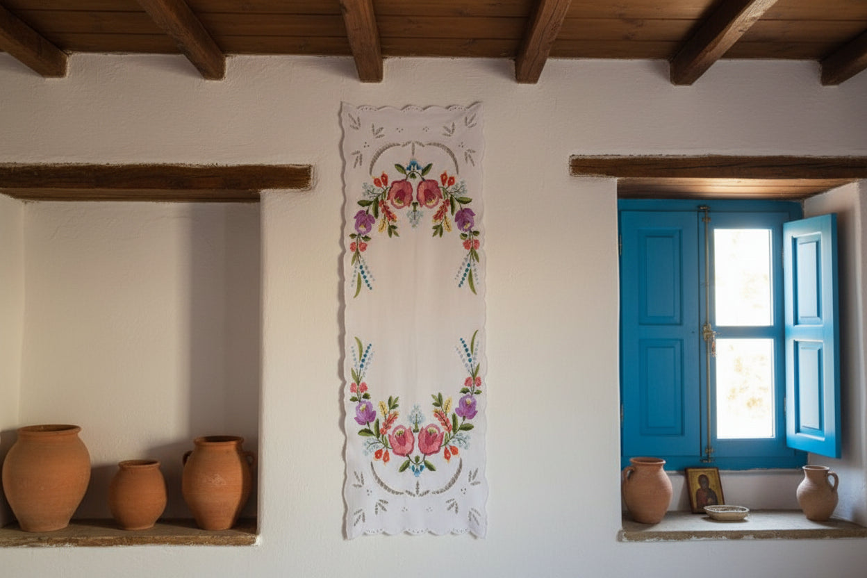 Χειροποίητο κέντημα Αρμονία  45 ετών αθικτο με κοφτό τοποθετημένο  σε τοίχο ως έργο τέχνης τοίχου, συλλεκτικό λευκό κοφτό με παστέλ μοτίβα, Mousses Greek Art."

