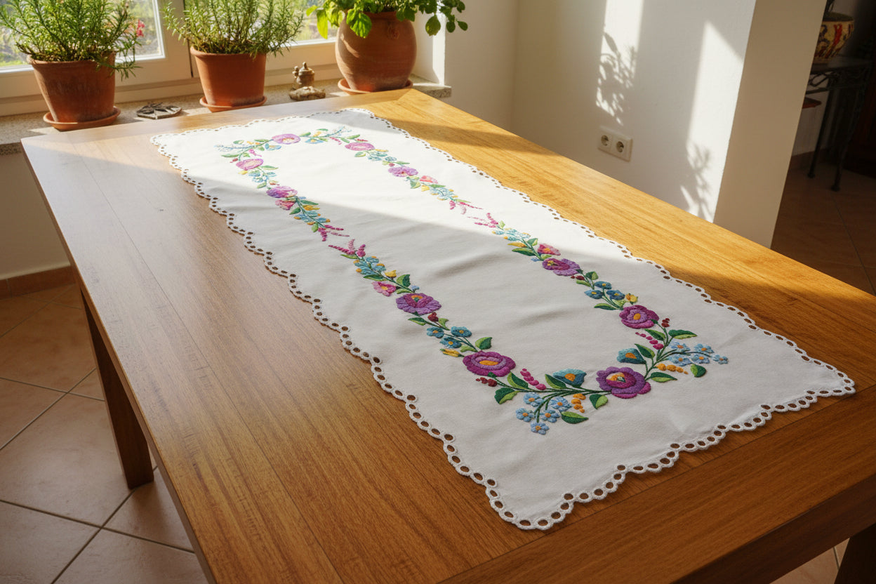 Runner da tavola fatto a mano con rose viola