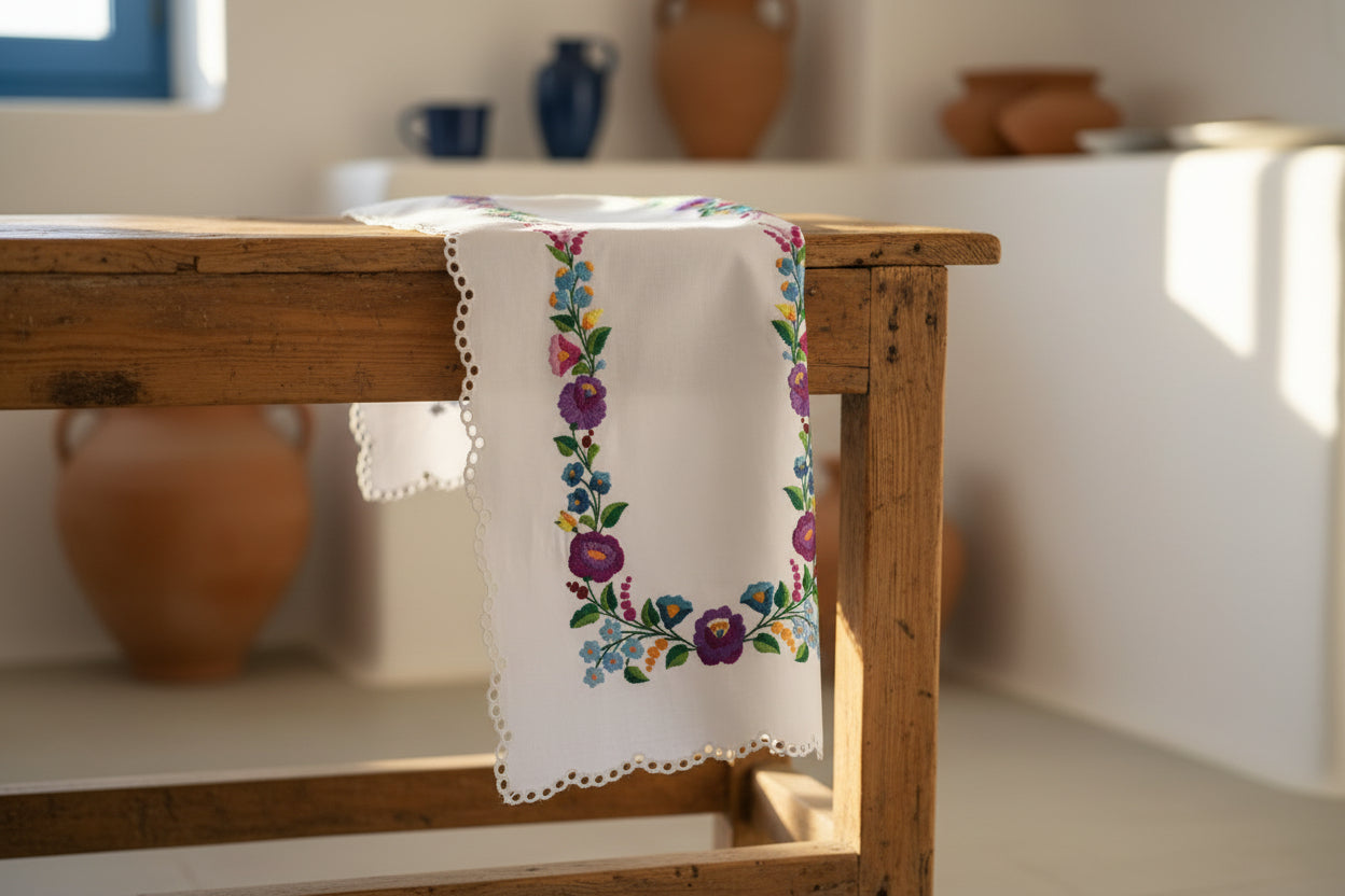 Runner da tavola fatto a mano con rose viola