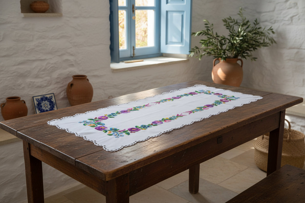 Runner da tavola fatto a mano con rose viola