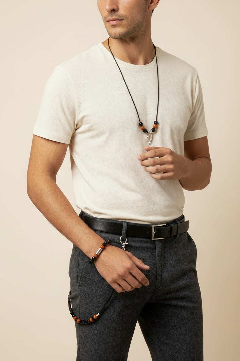 χειροποίητο ανδρικό κόσμημα σετ δώρου gift set 3 τεμαχίων αλκιμος σε μοντέλο άντρα   mousses greeka art