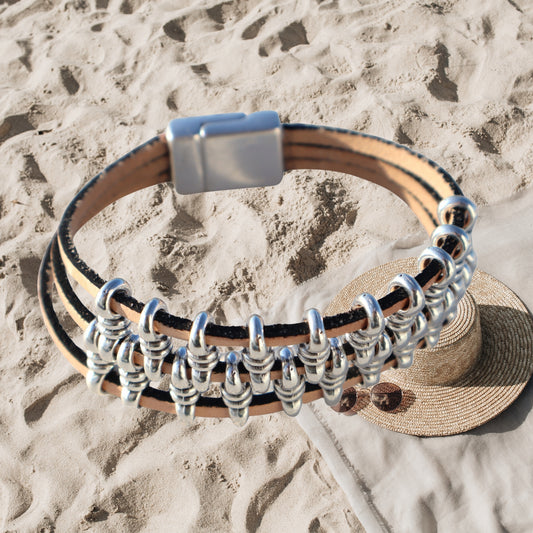 Bracciale Harley Sand da uomo fatto a mano con pelle e argento