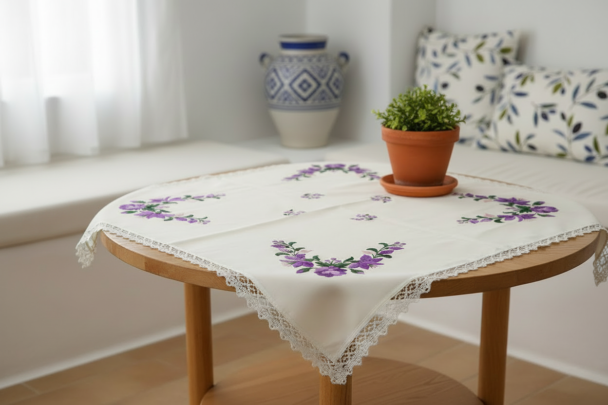 χειροποιητο σετ  δυο τεμαχίων  βιολετα με λιλα χρωματα   το τετράγωνο πανω σε ένα τραπεζι