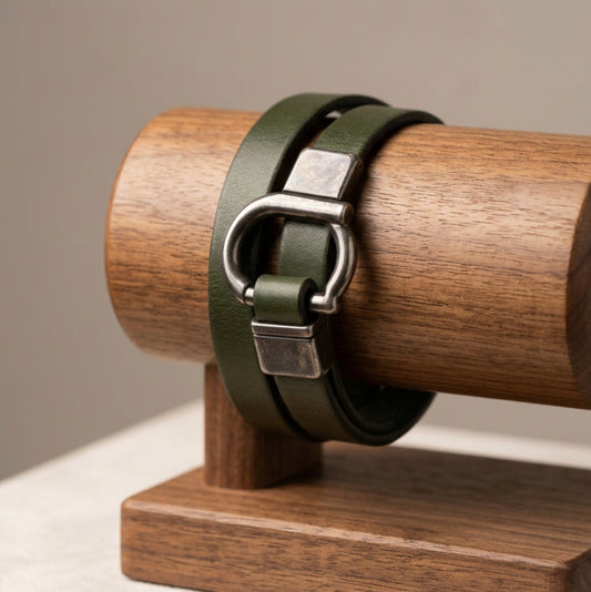 darkgreen-mens-double-leathrt-bracelet-zamak-hook-clasp