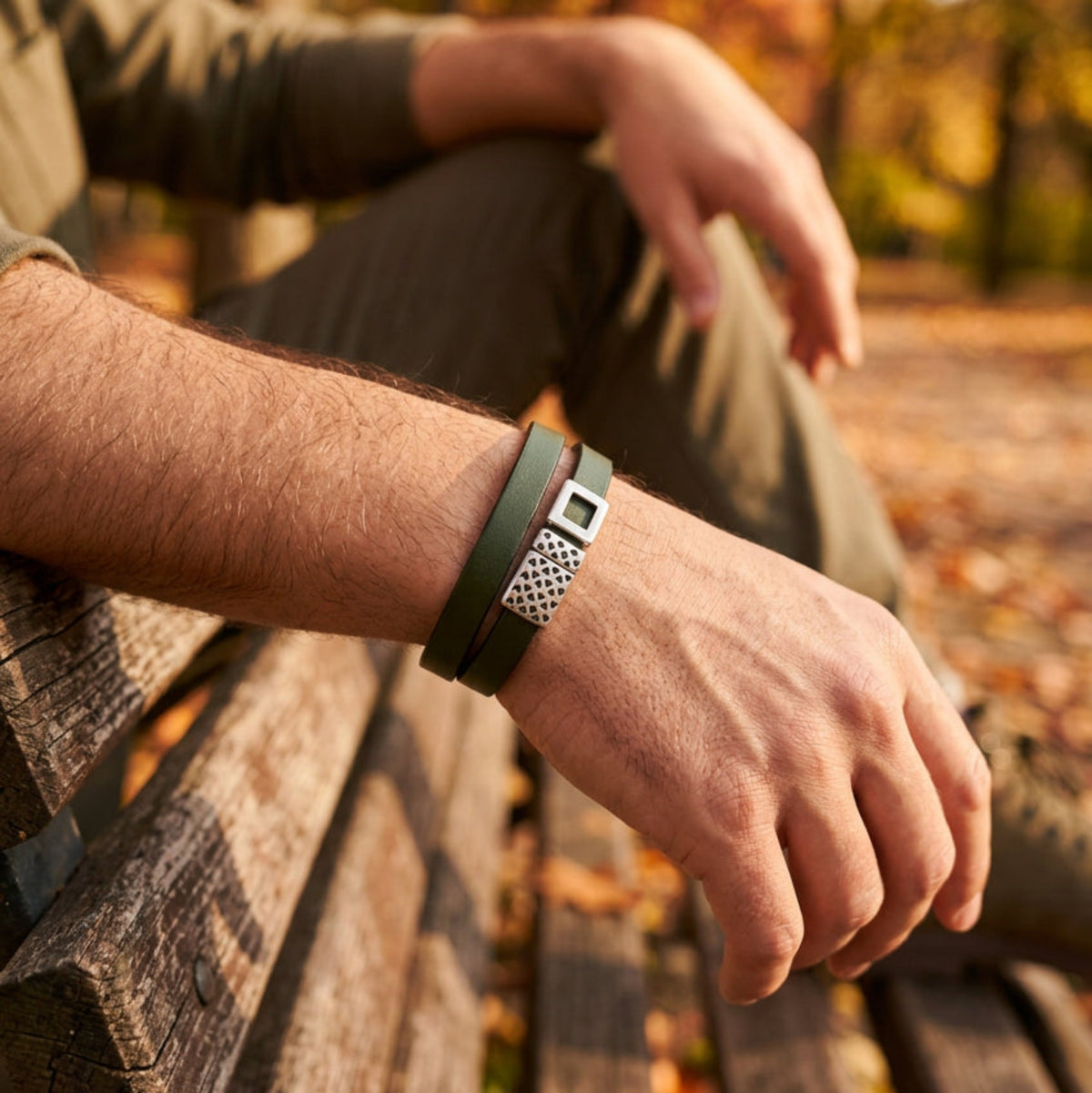 forest green mens leather bracelet magnetic  closre double looped
