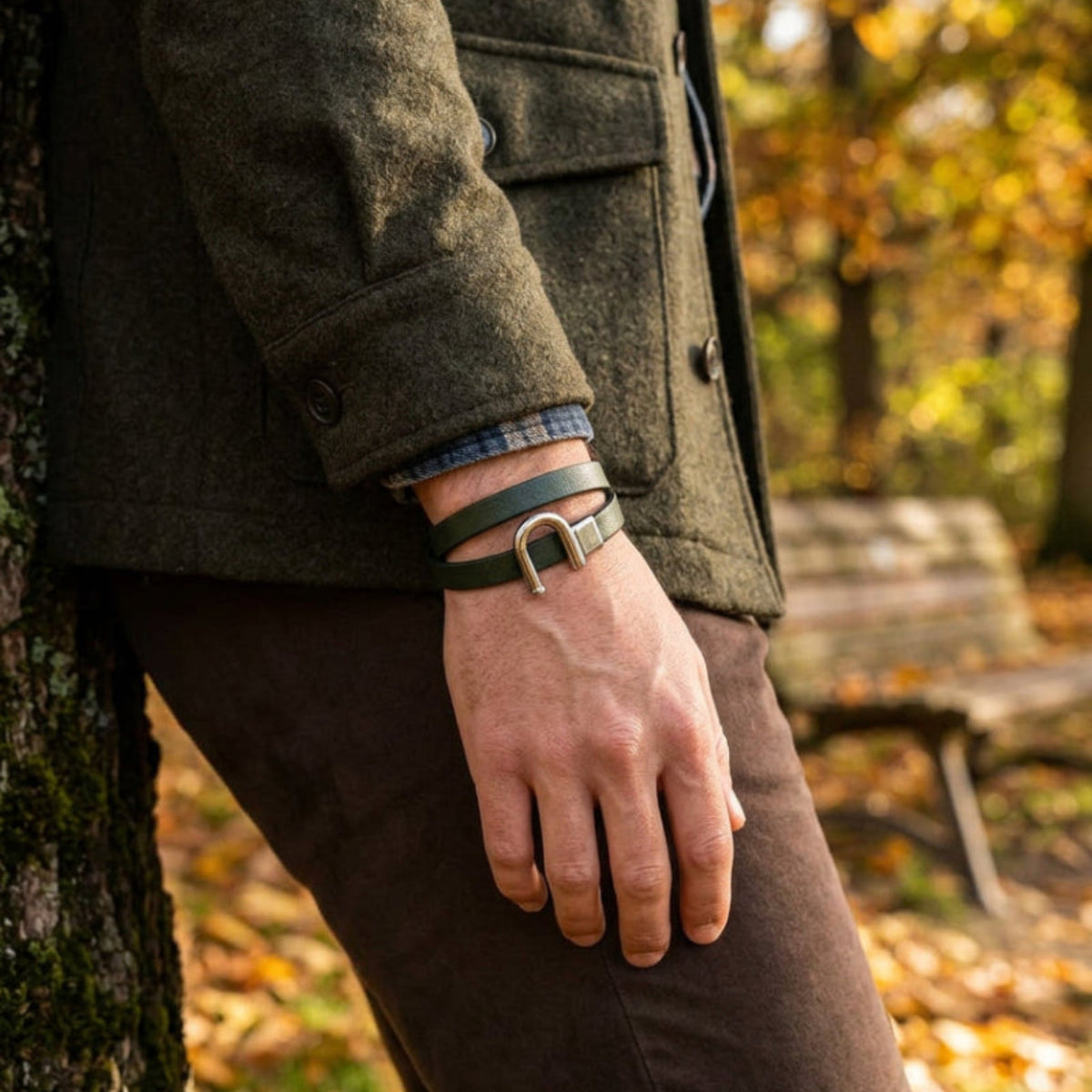 forest green leather bracelet double leather