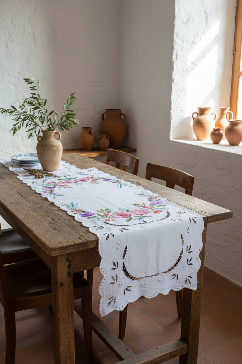 Μοναδικό συλλεκτικό runner Αρμονία, 45 ετών, σε άθικτη κατάσταση. Χειροποίητο λευκό κοφτό κέντημα, φεστόνη και παστέλ μοτίβα σε βαμβακερό ύφασμα,  πάνω σε τραπεζι Mouses Greek Art