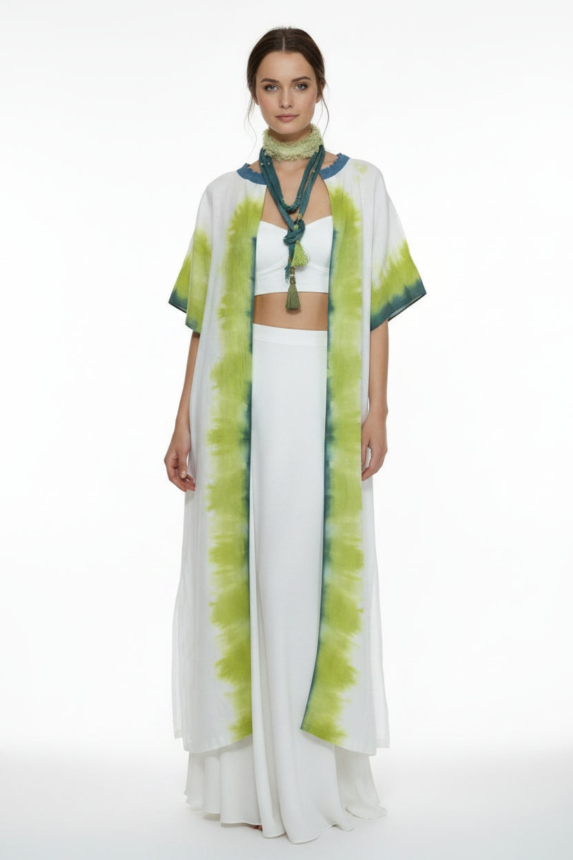 καφτανι χειροποιητο με shibori one  of  a kind λινο λευκο μακρί  ενοιχτό εμπρός και στα πλαινά συνδιασμενο με ασορτί χειορποιητη κολιε -ζωνι 