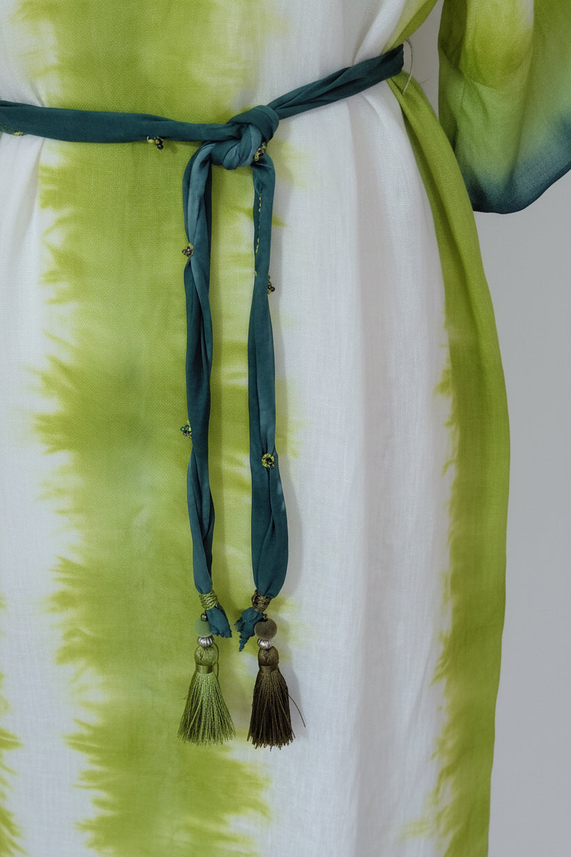 Hand-made Unique Linen Shibori Kaftan "Maya" - Open Front with Side Slits