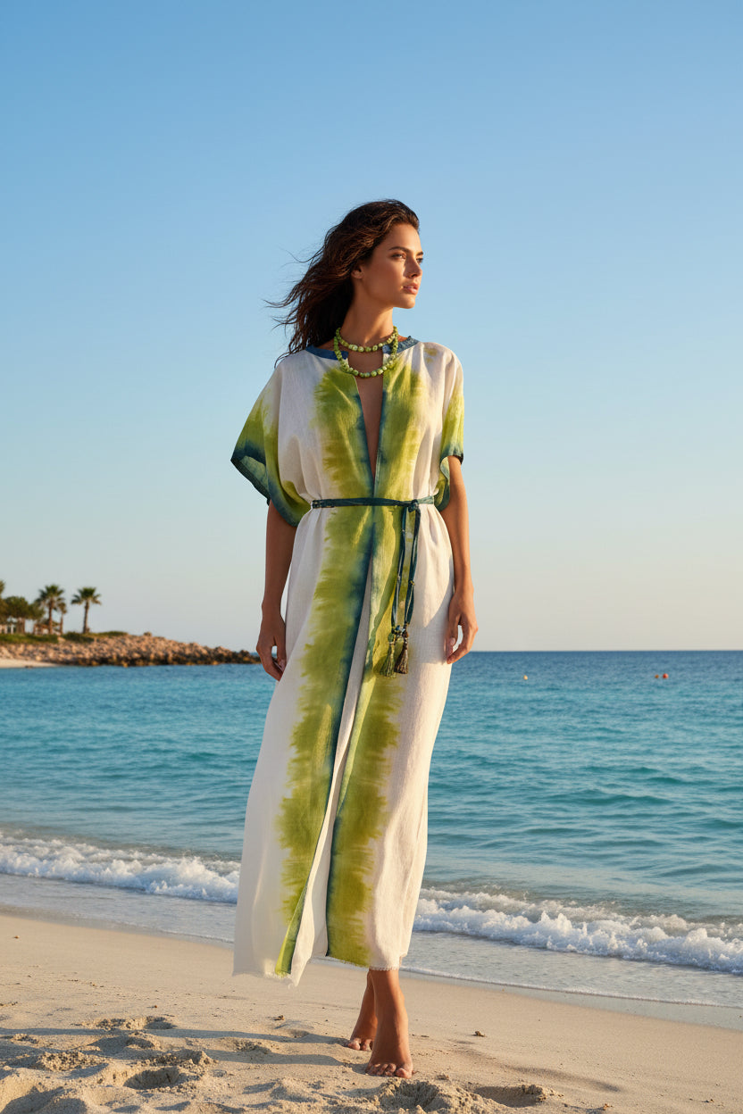 Hand-made Unique Linen Shibori Kaftan "Maya" - Open Front with Side Slits